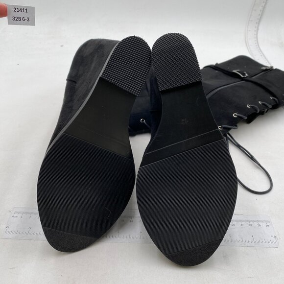 Black Women Round Toe Knee High Boots Sexy Wedge High Heel Lace up Riding Boots - Picture 6 of 7